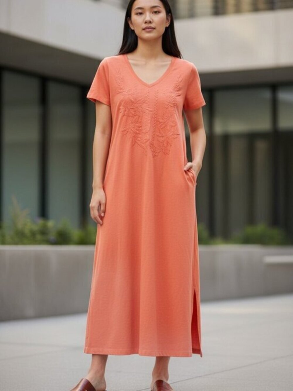 Soft Surroundings Coral V‑Neck Short Sleeve Maxi Dress